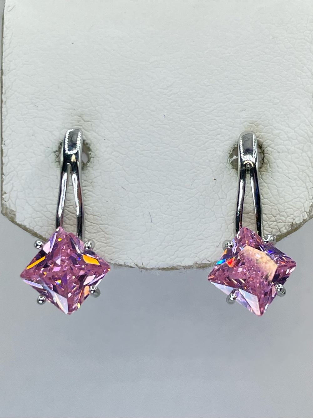 Swarovski Crystal Elements Pink Princess Cut Drop Hoop Earrings Silver Tone
